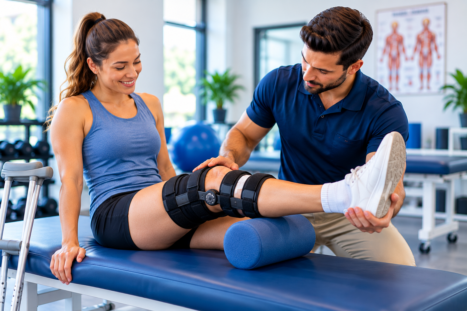Patient doing post-surgical rehabilitation with a physical therapist