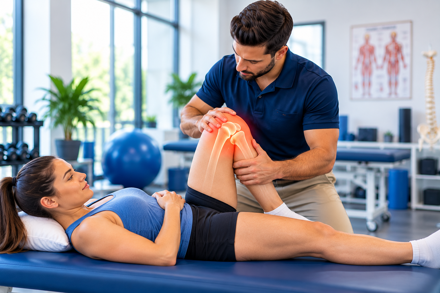 Physical therapist assessing a patient's knee