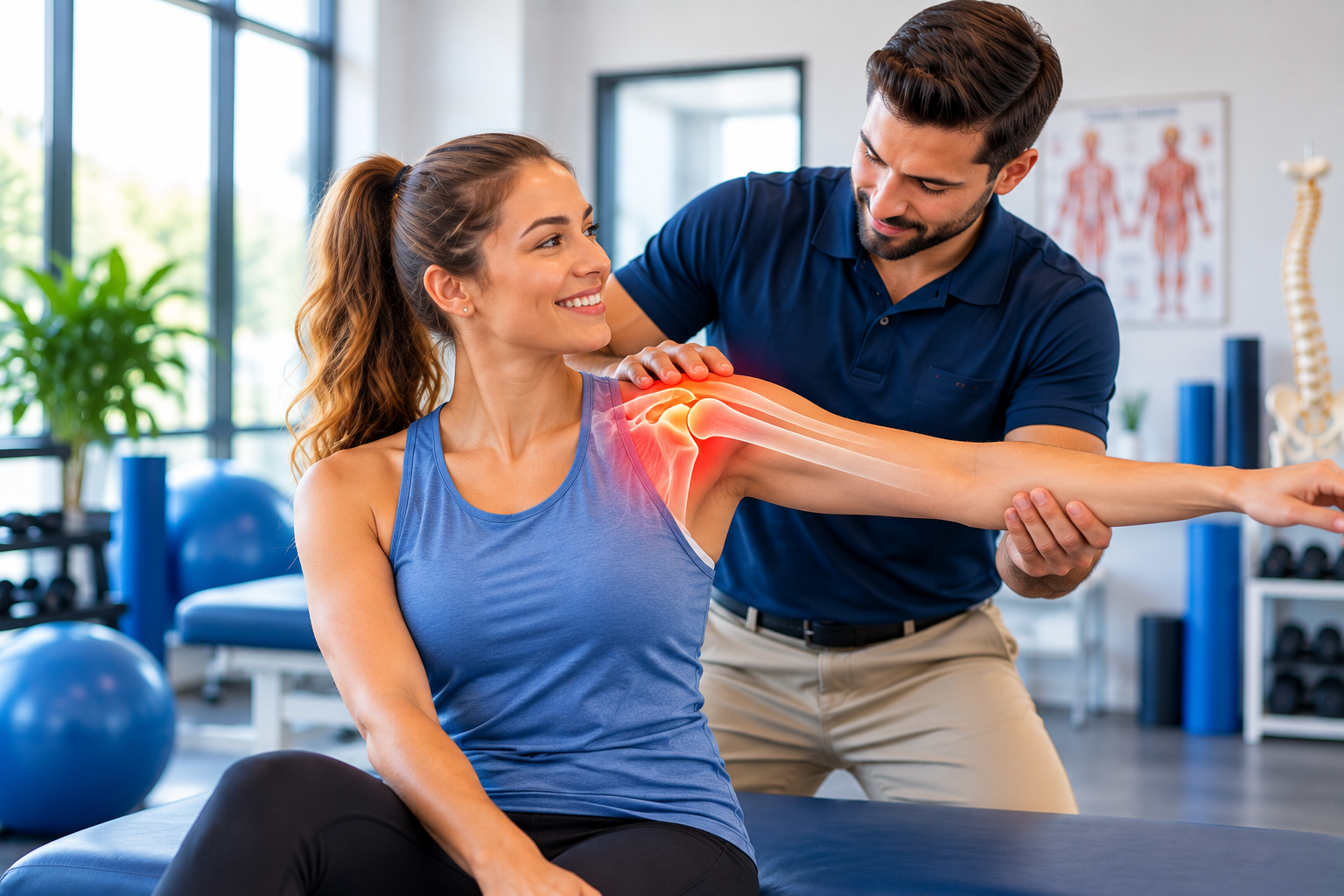 Woman holding her shoulder in pain